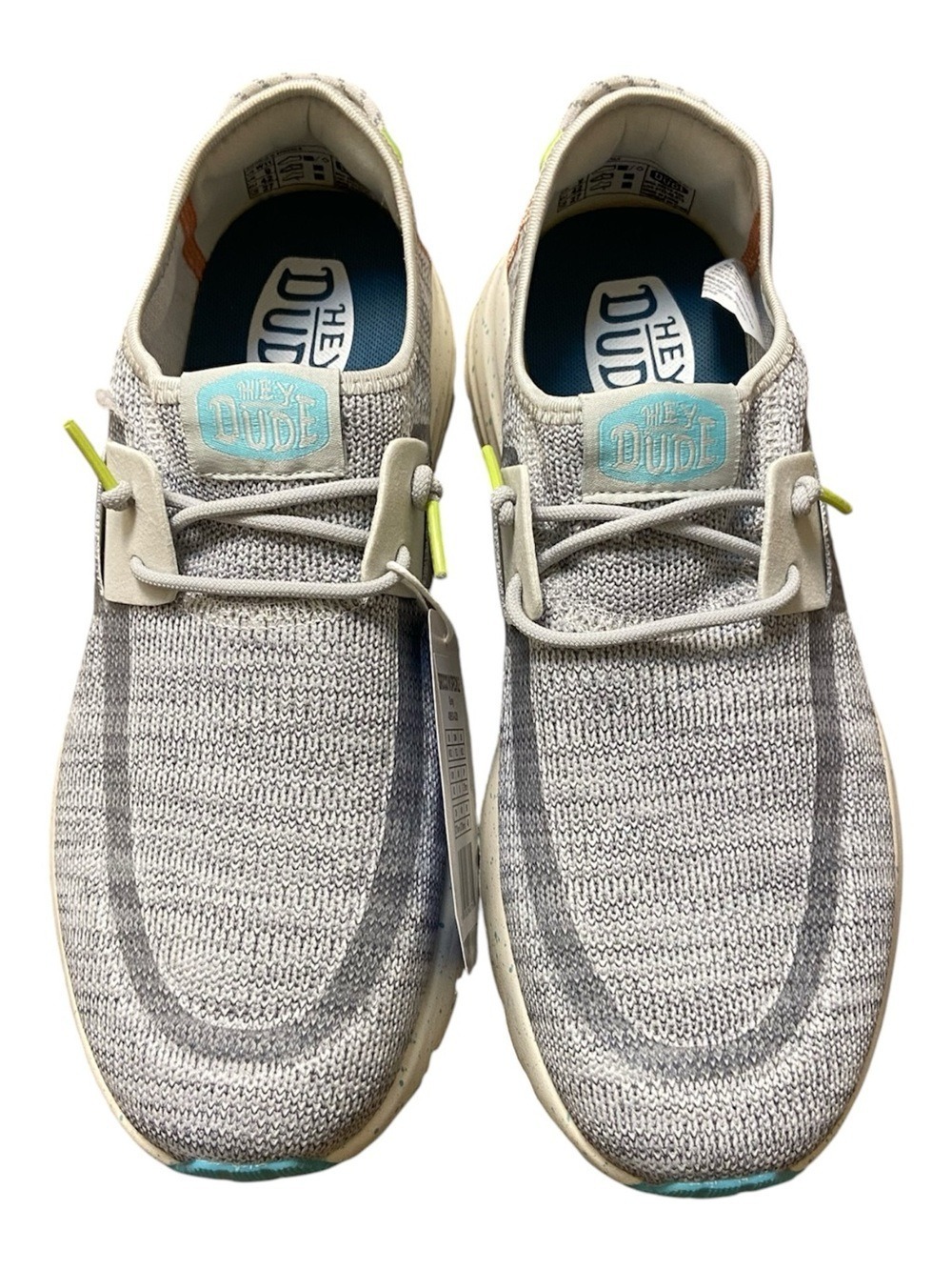 Hey Dude Light Gray Knit Sneakers with Aqua and Neon Yellow Accent Sz 11 NWT